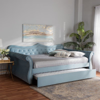 Baxton Studio Abbie-Light Blue Velvet-Daybed-F/T Abbie Traditional and Transitional Light Blue Velvet Fabric Upholstered and Crystal Tufted Full Size Daybed with Trundle